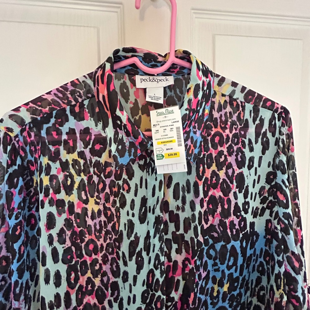 Peck & Peck Women's Multi Color Leopard Print Chiffon Button Down Shirt Top L - Picture 2 of 9